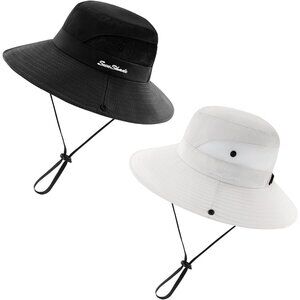 Unisex Black & White Set of 2 Wide Brim Mesh Vent Chin Strap Classic Cowboy Hat